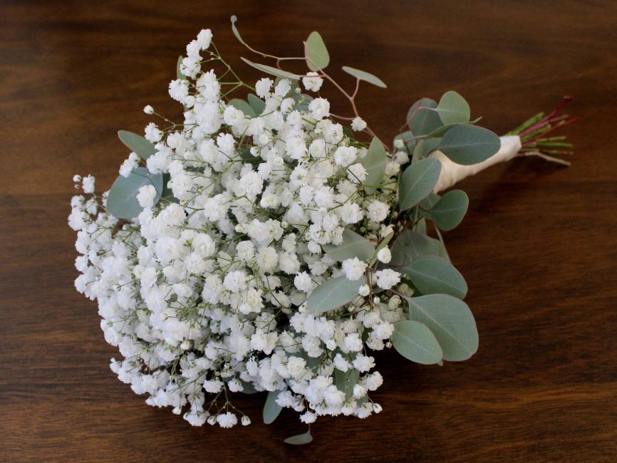 Baby’s breath bouquet with eucalyptus and satin ribbon by Studley Flower Gardens