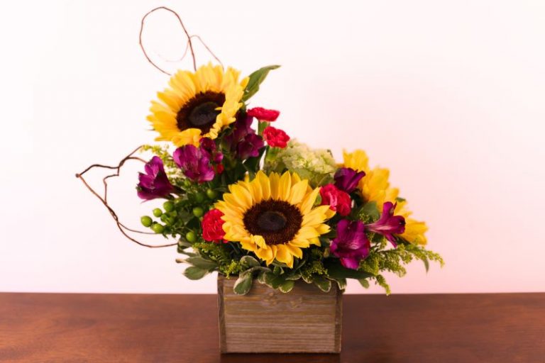 Country Willow Bouquet with sunflowers and willow tips in rustic box by Studley Flower Gardens