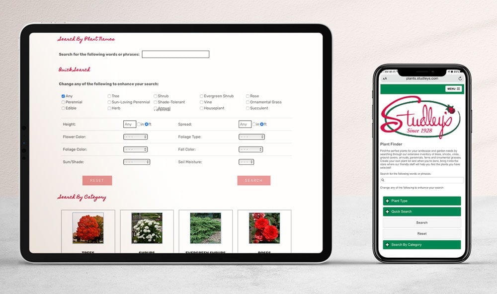 screenshot of Studley's Plant Finder search page on desktop and mobile