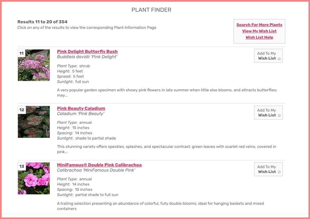 Studley's Plant Finder search results screenshot