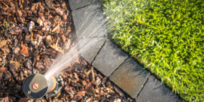 irrigation sprinkler spraying landscape border 