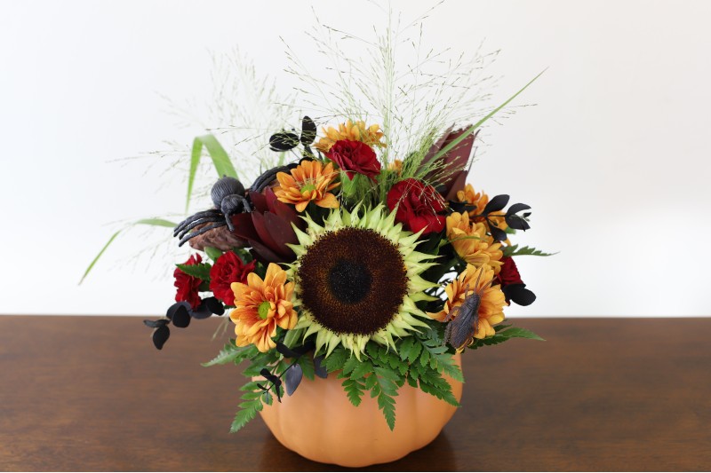 Black Magic Bouquet in a ceramic pumpkin by Studley Flower Gardens