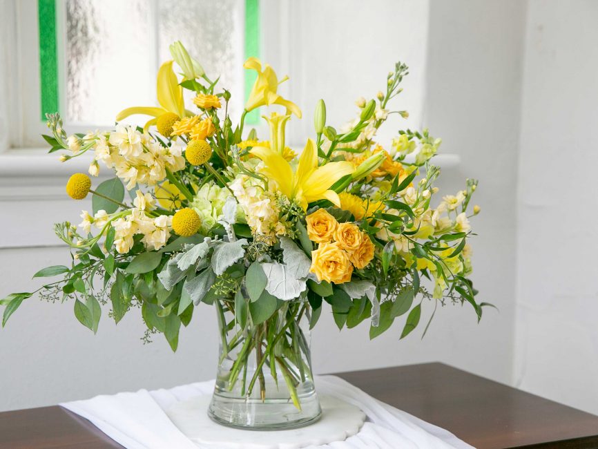Sincere Farewell Bouquet with golden garden flowers by Studley Flower Gardens