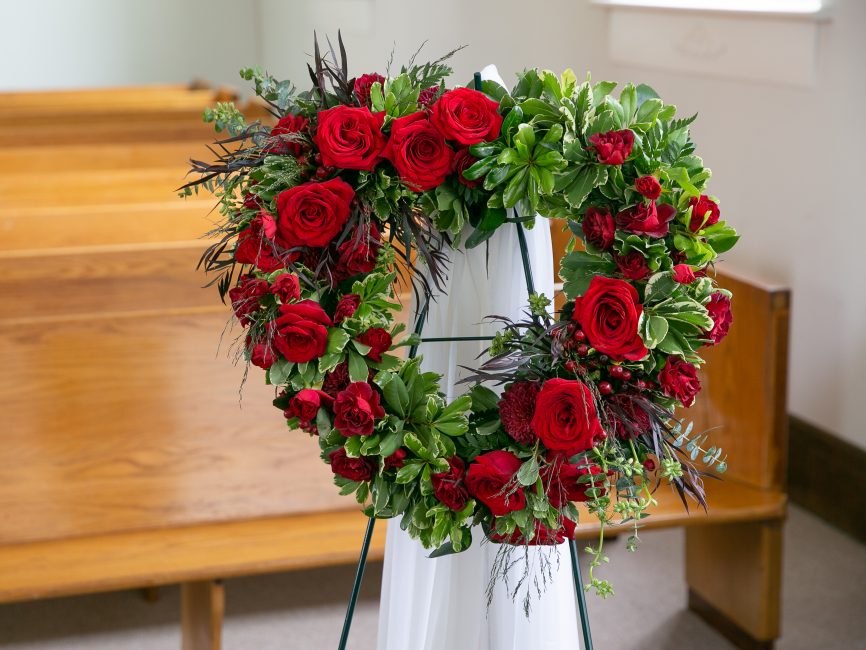 Timeless Memory Bouquet with red heart-shaped blooms by Studley Flower Gardens